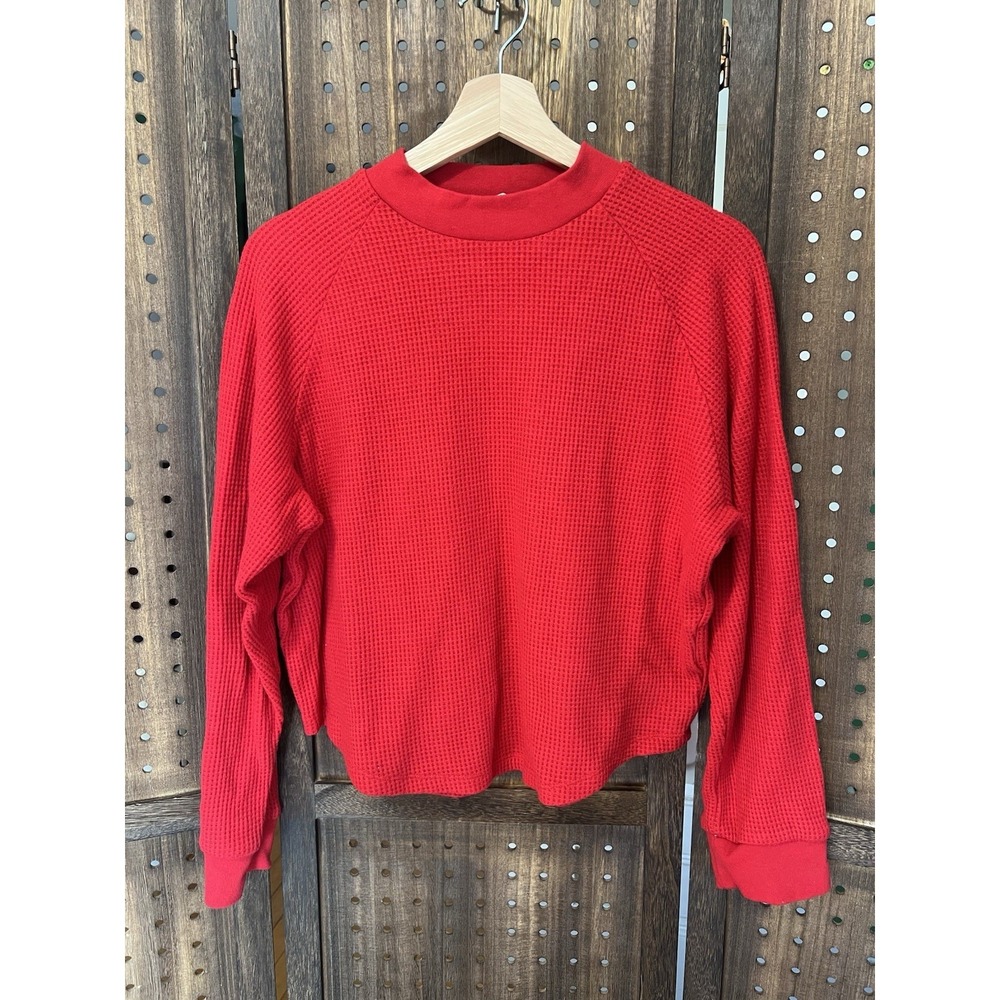 Madewell Women's Waffle Knit Raglan Tee Sweater Size L Red Pullover Cabincore